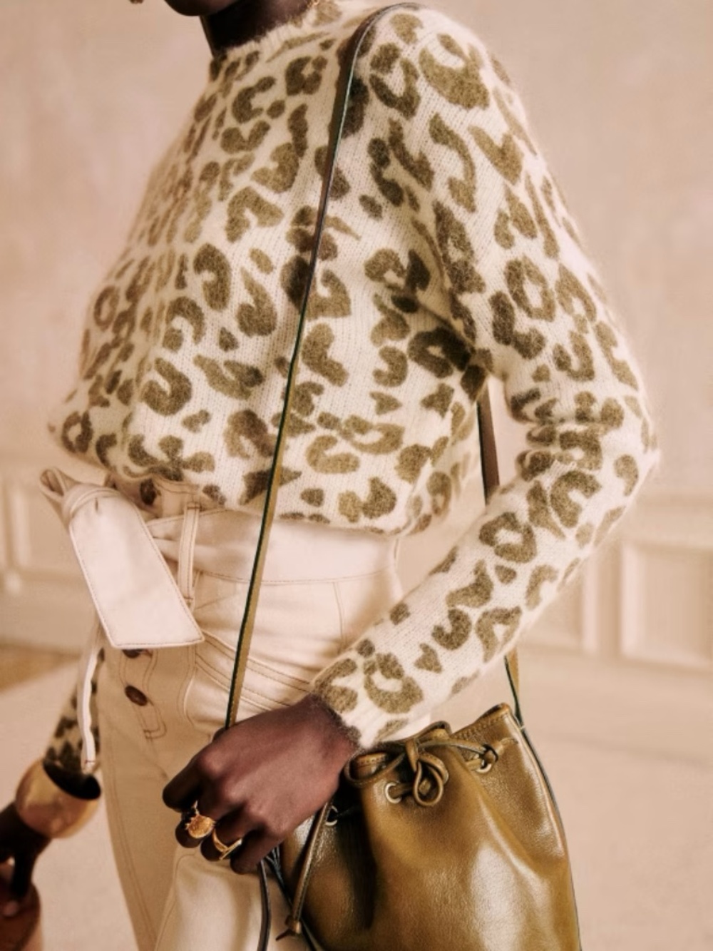 Sézane Indiana Jumper Leopard Olive Mohair Sweater - Khaki Leopard XS